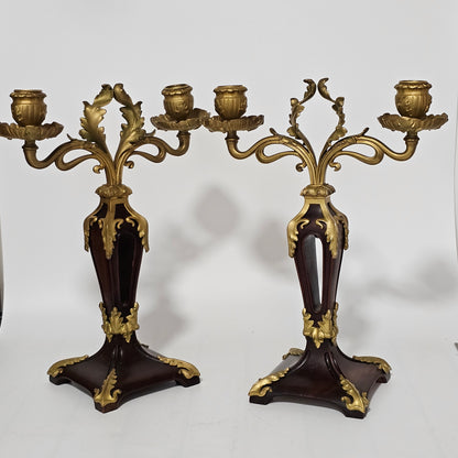 Antique Art Nouveau Jugendstil ~1900 Bronze Gilt & Walnut Candelabra