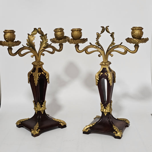 Antique Art Nouveau Jugendstil ~1900 Bronze Gilt & Walnut Candelabra