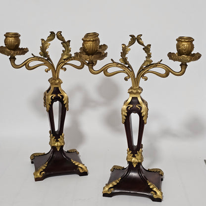 Antique Art Nouveau Jugendstil ~1900 Bronze Gilt & Walnut Candelabra
