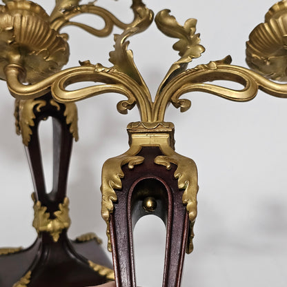 Antique Art Nouveau Jugendstil ~1900 Bronze Gilt & Walnut Candelabra