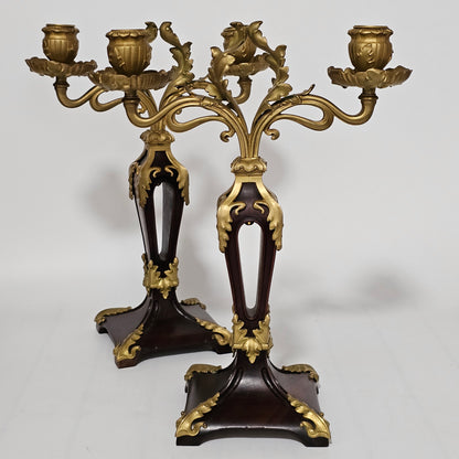 Antique Art Nouveau Jugendstil ~1900 Bronze Gilt & Walnut Candelabra