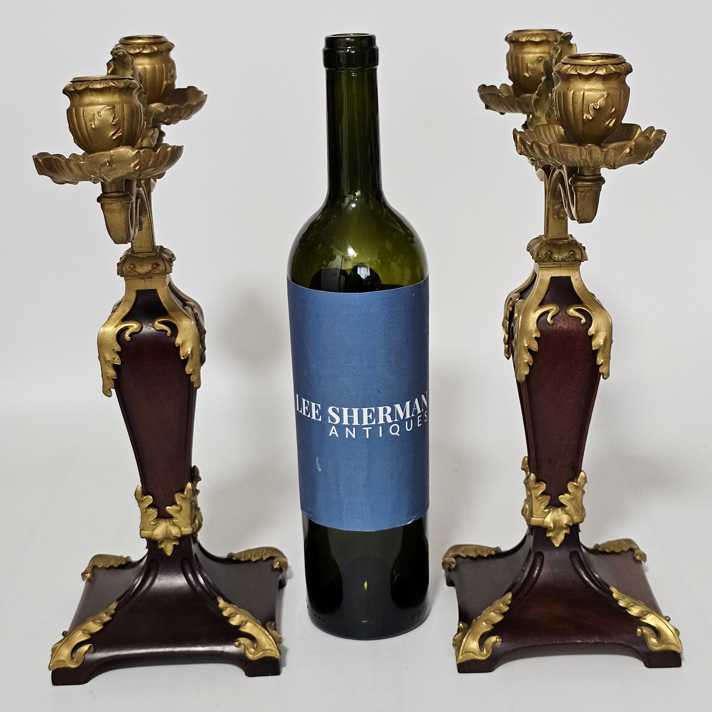 Antique Art Nouveau Jugendstil ~1900 Bronze Gilt & Walnut Candelabra