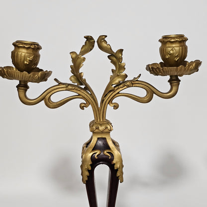 Antique Art Nouveau Jugendstil ~1900 Bronze Gilt & Walnut Candelabra