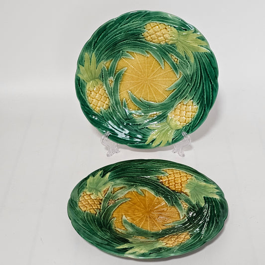 Fine Pair of George Jones Majolica Pineapples on Basketweave Plates, English, ca. 1870
