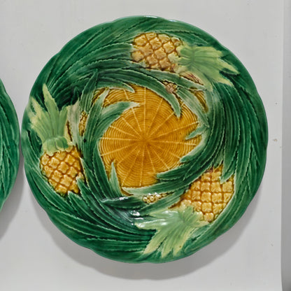 Fine Pair of George Jones Majolica Pineapples on Basketweave Plates, English, ca. 1870