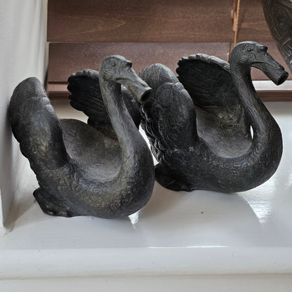 Rare Pair of 19th‑Century Bronze Swan Fountain Spouts