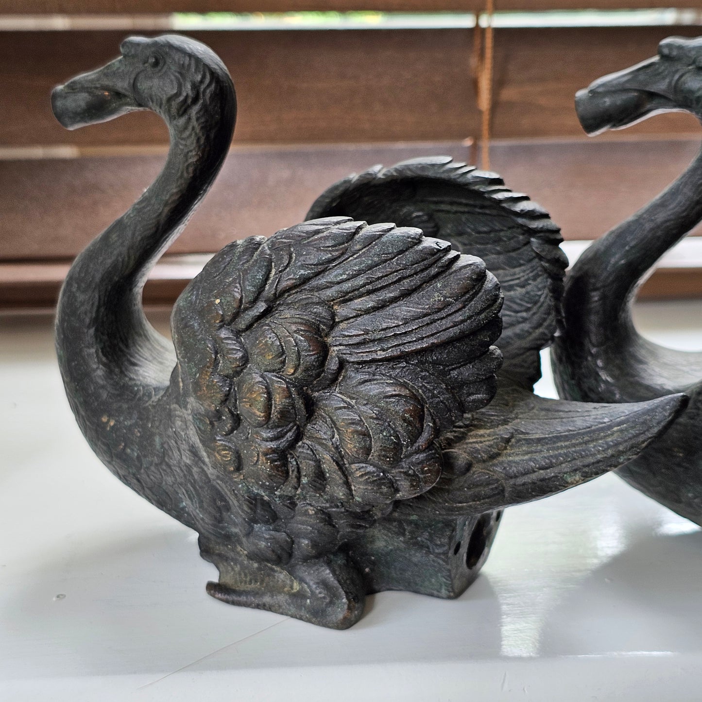 Rare Pair of 19th‑Century Bronze Swan Fountain Spouts