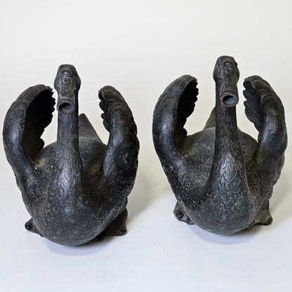 Rare Pair of 19th‑Century Bronze Swan Fountain Spouts