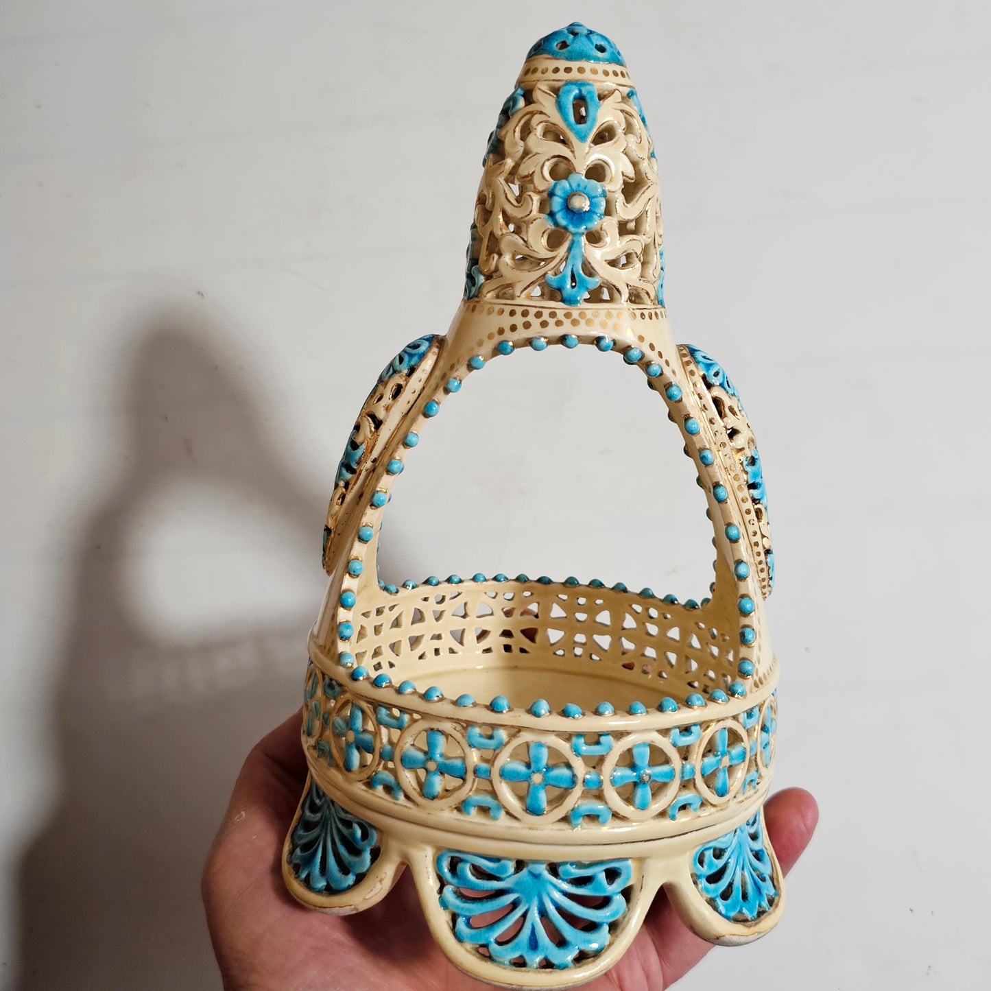 A Rare Reticulated Hungarian Zsolnay Pecs Pottery Basket C1885-1887