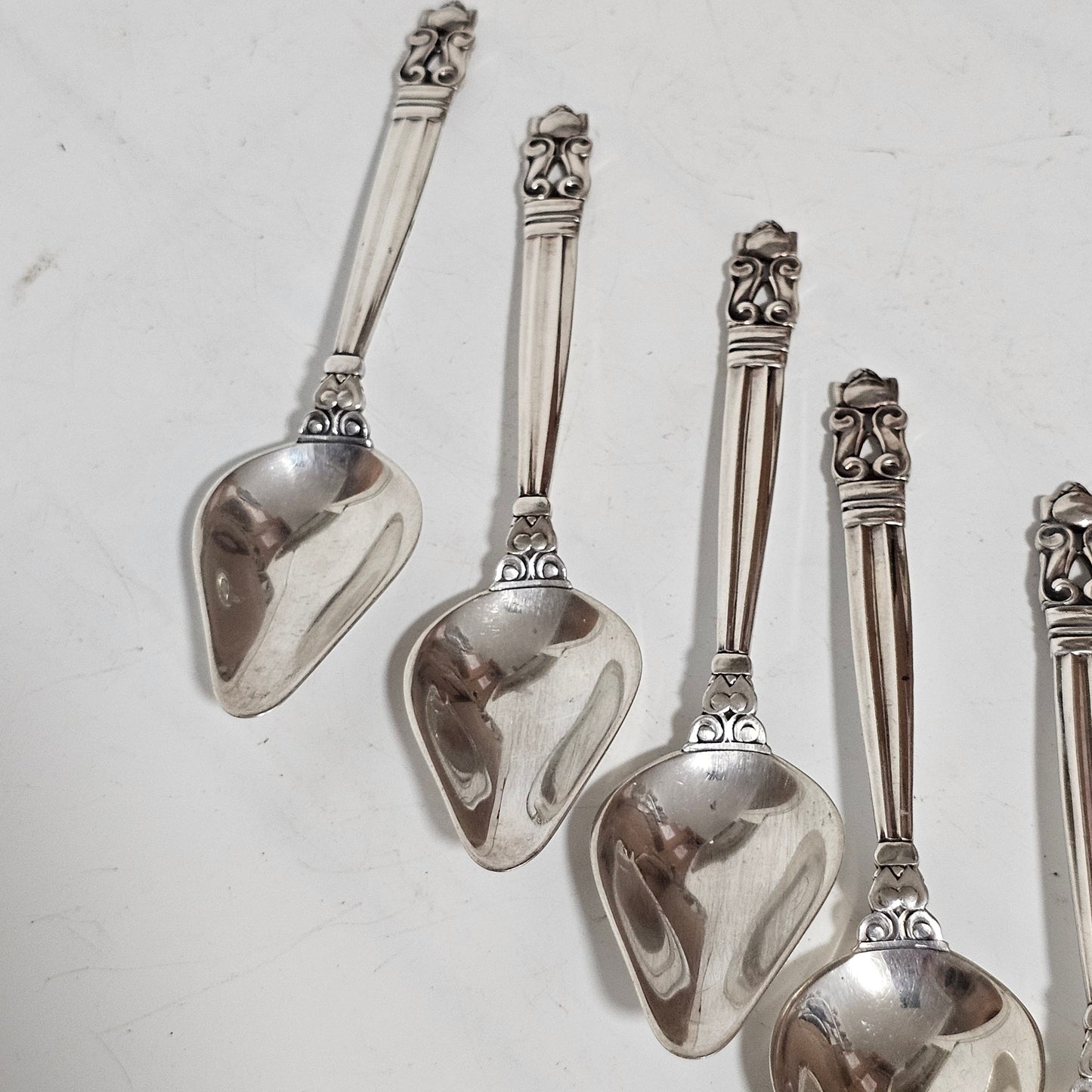 Exquisite Set of 6 x Georg Jensen Antique Acorn Pattern Silver Grapefruit Spoons