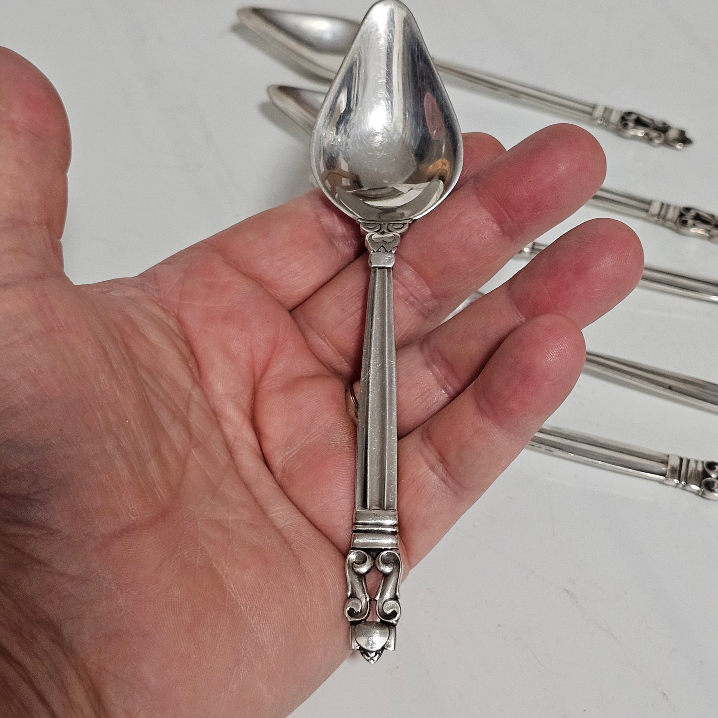 Exquisite Set of 6 x Georg Jensen Antique Acorn Pattern Silver Grapefruit Spoons