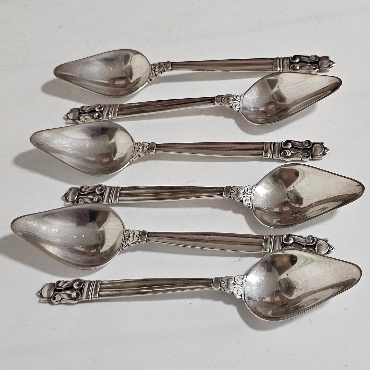 Exquisite Set of 6 x Georg Jensen Antique Acorn Pattern Silver Grapefruit Spoons