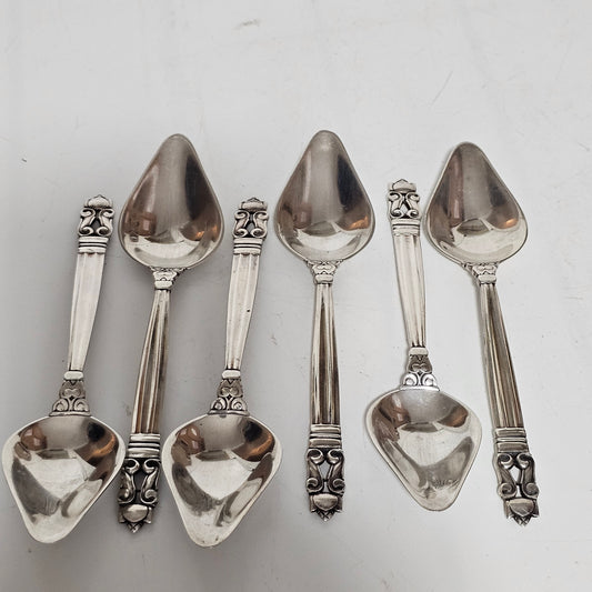 Exquisite Set of 6 x Georg Jensen Antique Acorn Pattern Silver Grapefruit Spoons