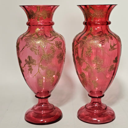Pair Of Large (36 Cm) Antique Bohemian Cranberry Glass Vases With Gilded Decoration, C.1910 - Lee Sherman Antiques