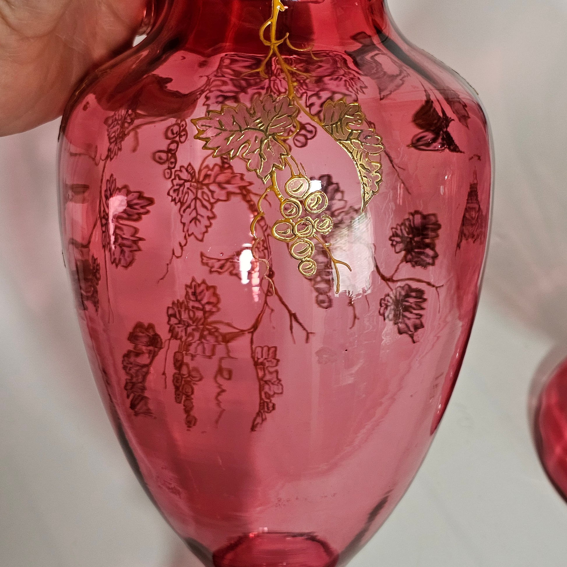Pair Of Large (36 Cm) Antique Bohemian Cranberry Glass Vases With Gilded Decoration, C.1910 - Lee Sherman Antiques