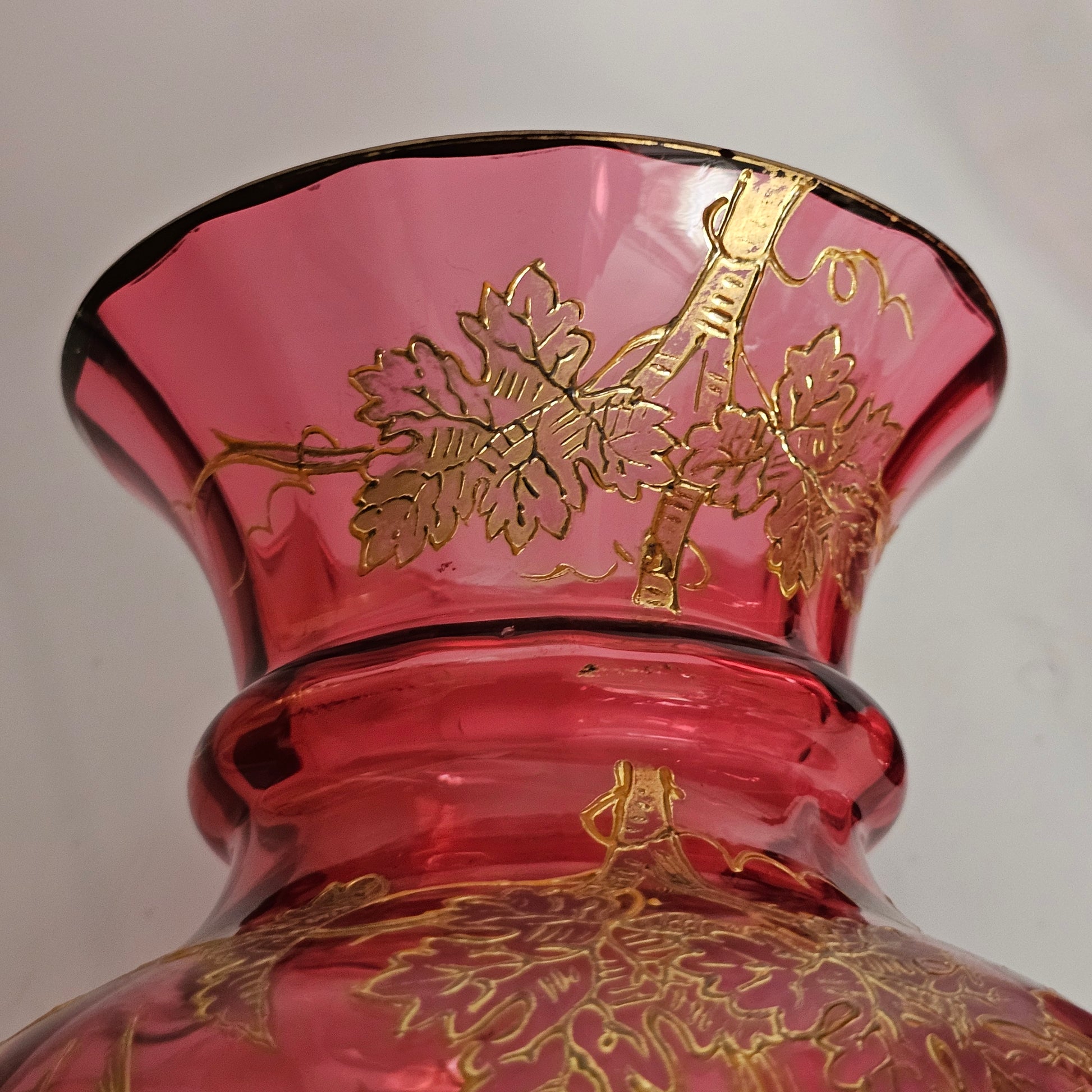 Pair Of Large (36 Cm) Antique Bohemian Cranberry Glass Vases With Gilded Decoration, C.1910 - Lee Sherman Antiques