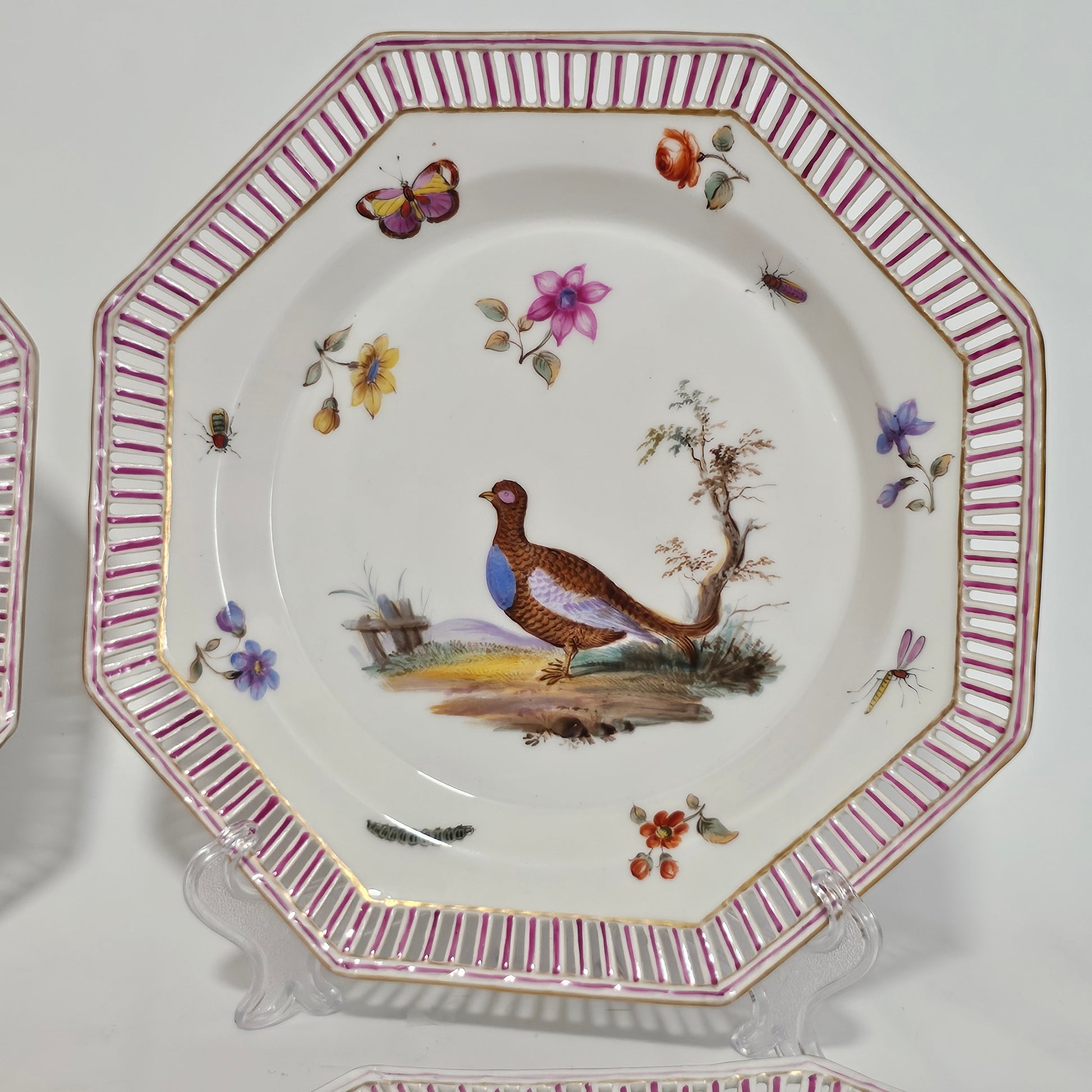 Set Of Four Kpm Berlin Porcelain Octagonal Fretted Plates Hand Painted - Lee Sherman Antiques
