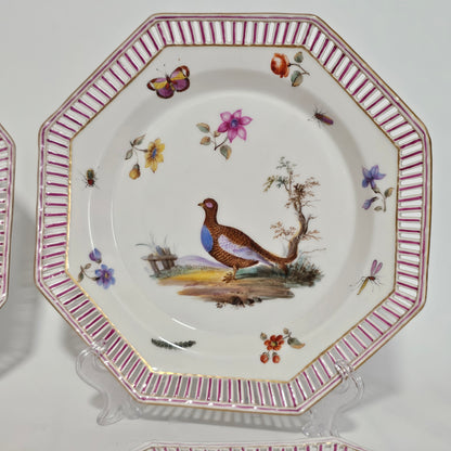 Set Of Four Kpm Berlin Porcelain Octagonal Fretted Plates Hand Painted - Lee Sherman Antiques