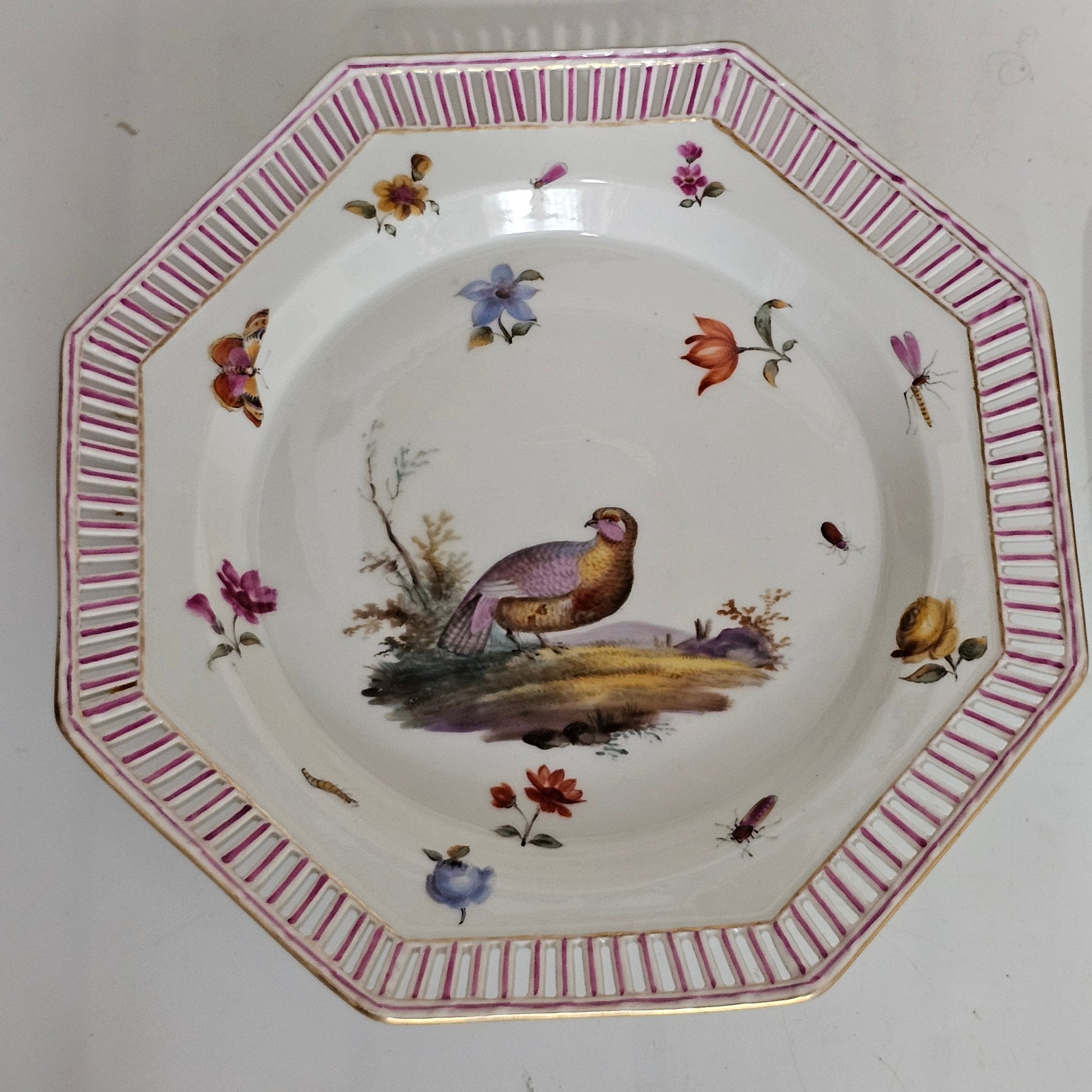 Set Of Four Kpm Berlin Porcelain Octagonal Fretted Plates Hand Painted - Lee Sherman Antiques