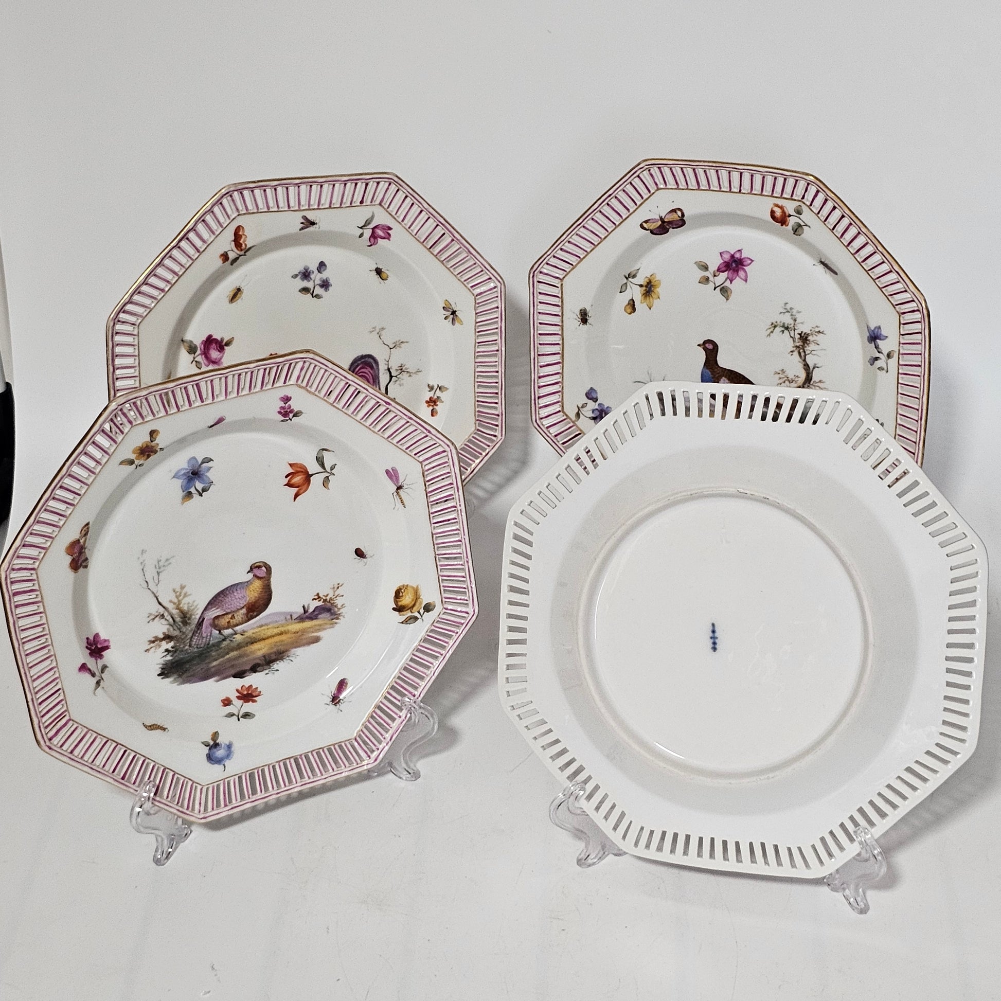 Set Of Four Kpm Berlin Porcelain Octagonal Fretted Plates Hand Painted - Lee Sherman Antiques