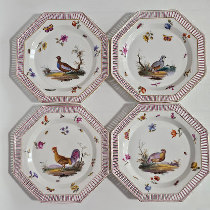 Set Of Four Kpm Berlin Porcelain Octagonal Fretted Plates Hand Painted - Lee Sherman Antiques