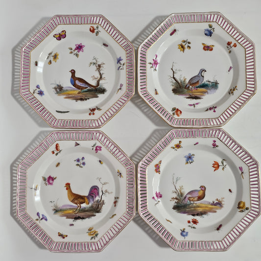 Set Of Four Kpm Berlin Porcelain Octagonal Fretted Plates Hand Painted - Lee Sherman Antiques