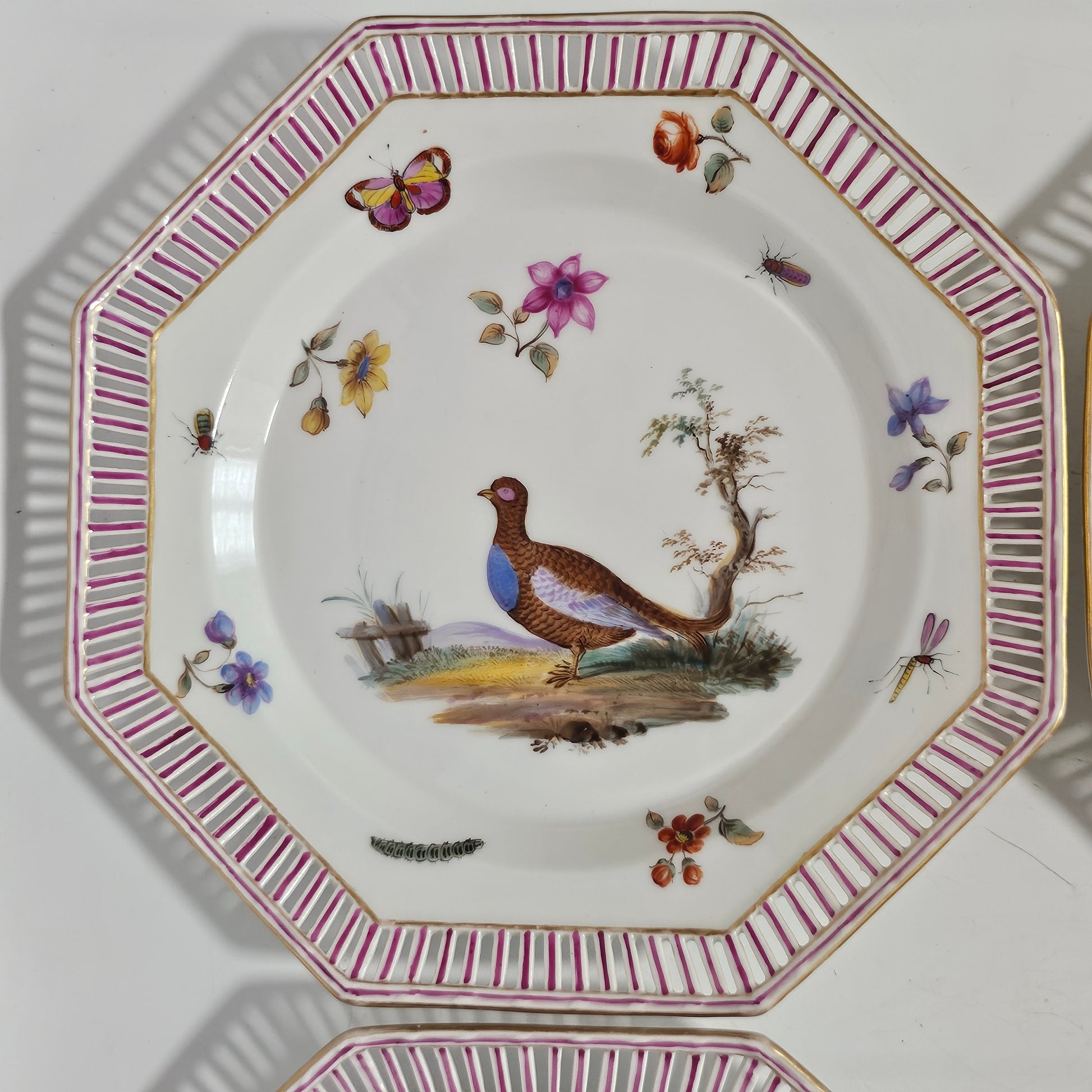 Set Of Four Kpm Berlin Porcelain Octagonal Fretted Plates Hand Painted - Lee Sherman Antiques