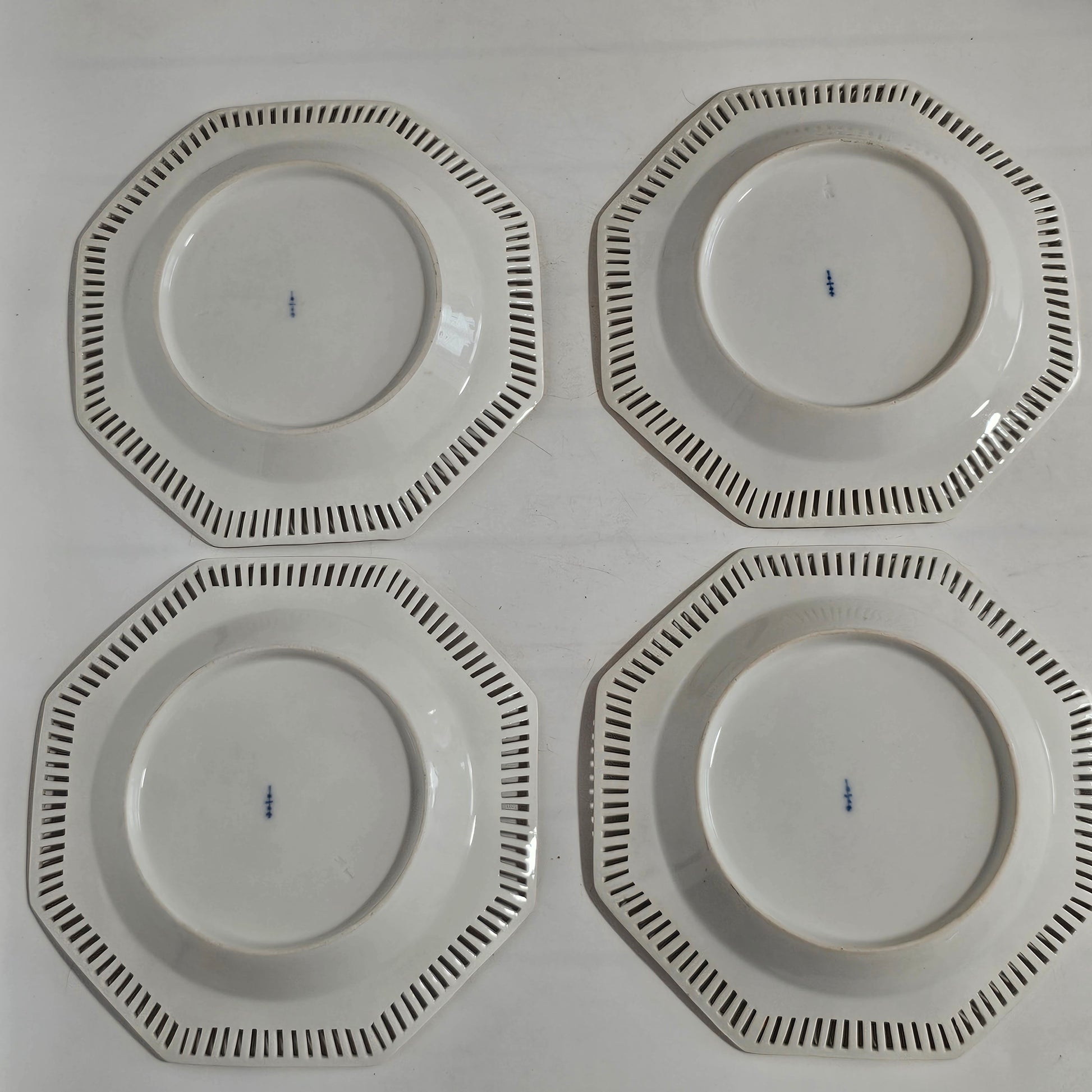 Set Of Four Kpm Berlin Porcelain Octagonal Fretted Plates Hand Painted - Lee Sherman Antiques
