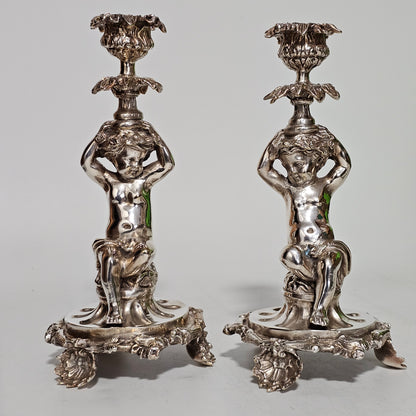 Fine Quality Antique Silver Plated Pair Of Cherub/putti Candlesticks - Lee Sherman Antiques