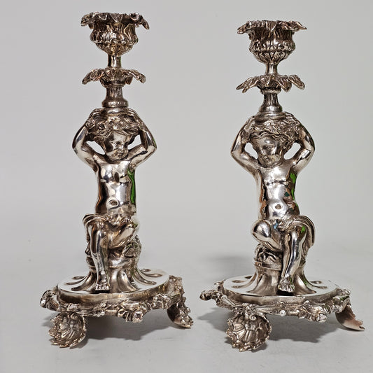 Fine Quality Antique Silver Plated Pair Of Cherub/putti Candlesticks - Lee Sherman Antiques