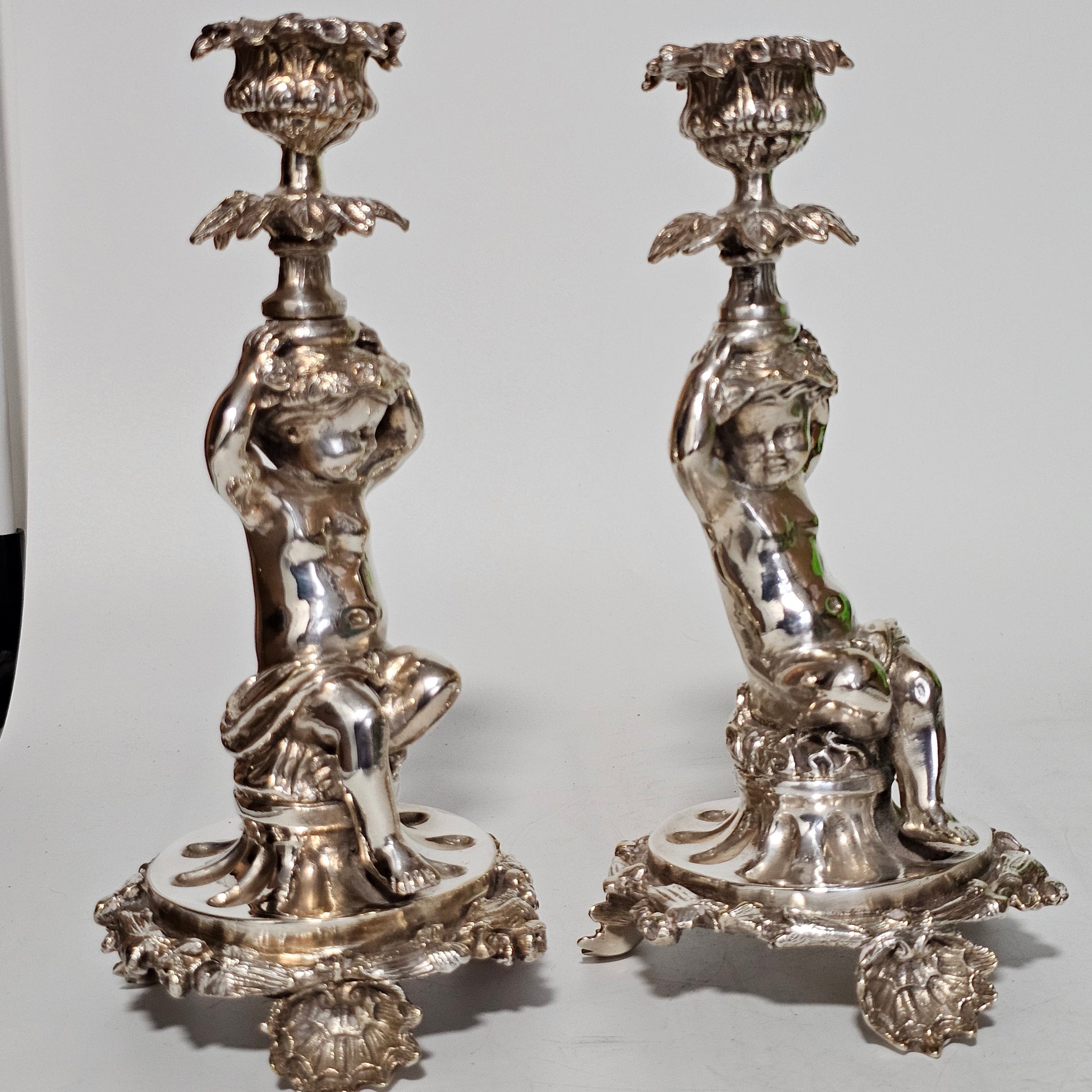 Fine Quality Antique Silver Plated Pair Of Cherub/putti Candlesticks - Lee Sherman Antiques