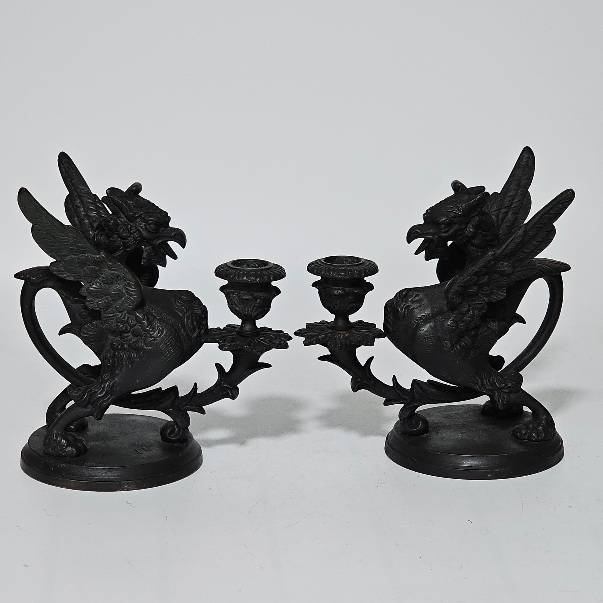 Fine Quality Heavy Bronze Griffin Chambersticks Late 19th/early 20thc - Lee Sherman Antiques