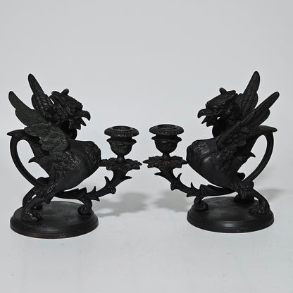 Fine Quality Heavy Bronze Griffin Chambersticks Late 19th/early 20thc - Lee Sherman Antiques