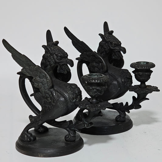 Fine Quality Heavy Bronze Griffin Chambersticks Late 19th/early 20thc - Lee Sherman Antiques