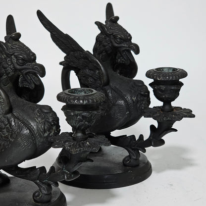 Fine Quality Heavy Bronze Griffin Chambersticks Late 19th/early 20thc - Lee Sherman Antiques
