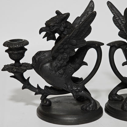Fine Quality Heavy Bronze Griffin Chambersticks Late 19th/early 20thc - Lee Sherman Antiques