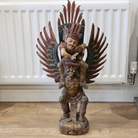 A Large, 75cm, Antique Carved & Painted Wooden Statue Of Vishnu Riding Garuda c1900