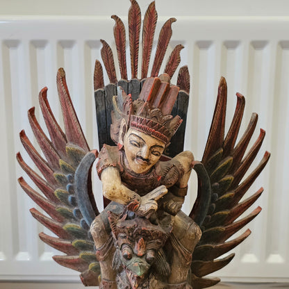 A Large, 75cm, Antique Carved & Painted Wooden Statue Of Vishnu Riding Garuda c1900