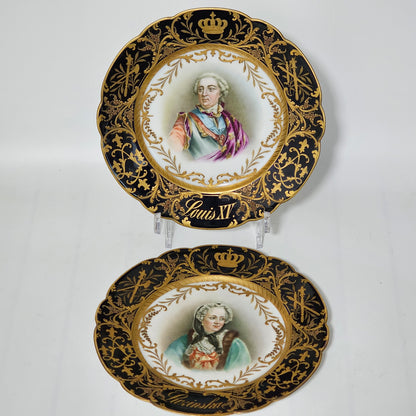 Exceptional Quality Pair Of Sevres Hand Painted French 19th Century Portrait Plates Of Louis XV & Mdme. Lukinska