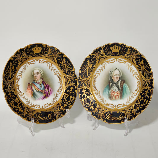 Exceptional Quality Pair Of Sevres Hand Painted French 19th Century Portrait Plates Of Louis XV & Mdme. Lukinska