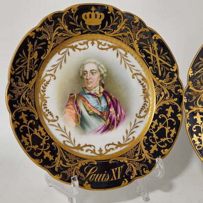 Exceptional Quality Pair Of Sevres Hand Painted French 19th Century Portrait Plates Of Louis XV & Mdme. Lukinska