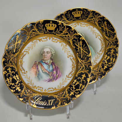 Exceptional Quality Pair Of Sevres Hand Painted French 19th Century Portrait Plates Of Louis XV & Mdme. Lukinska