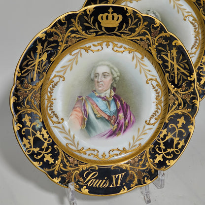 Exceptional Quality Pair Of Sevres Hand Painted French 19th Century Portrait Plates Of Louis XV & Mdme. Lukinska