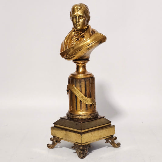 Fine 19thc 34cm Gilt Bronze Bust of Sir Walter Scott on Fluted Bronze Column