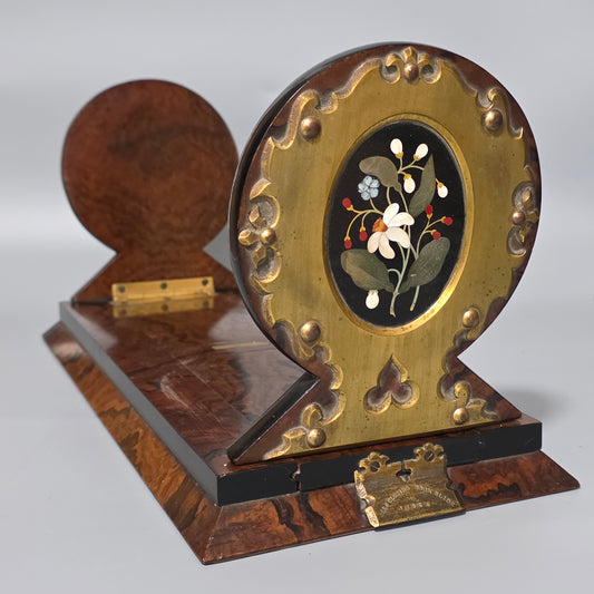 Elegant 19th Century Betjemann’s Walnut Book Slide with Pietra Dura Floral Panels