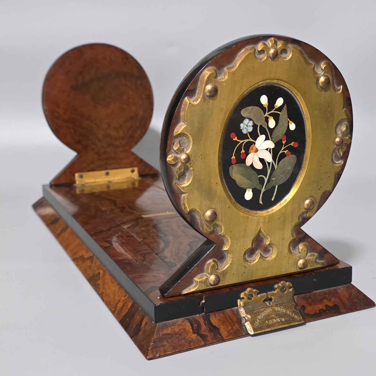 Elegant 19th Century Betjemann’s Walnut Book Slide with Pietra Dura Floral Panels