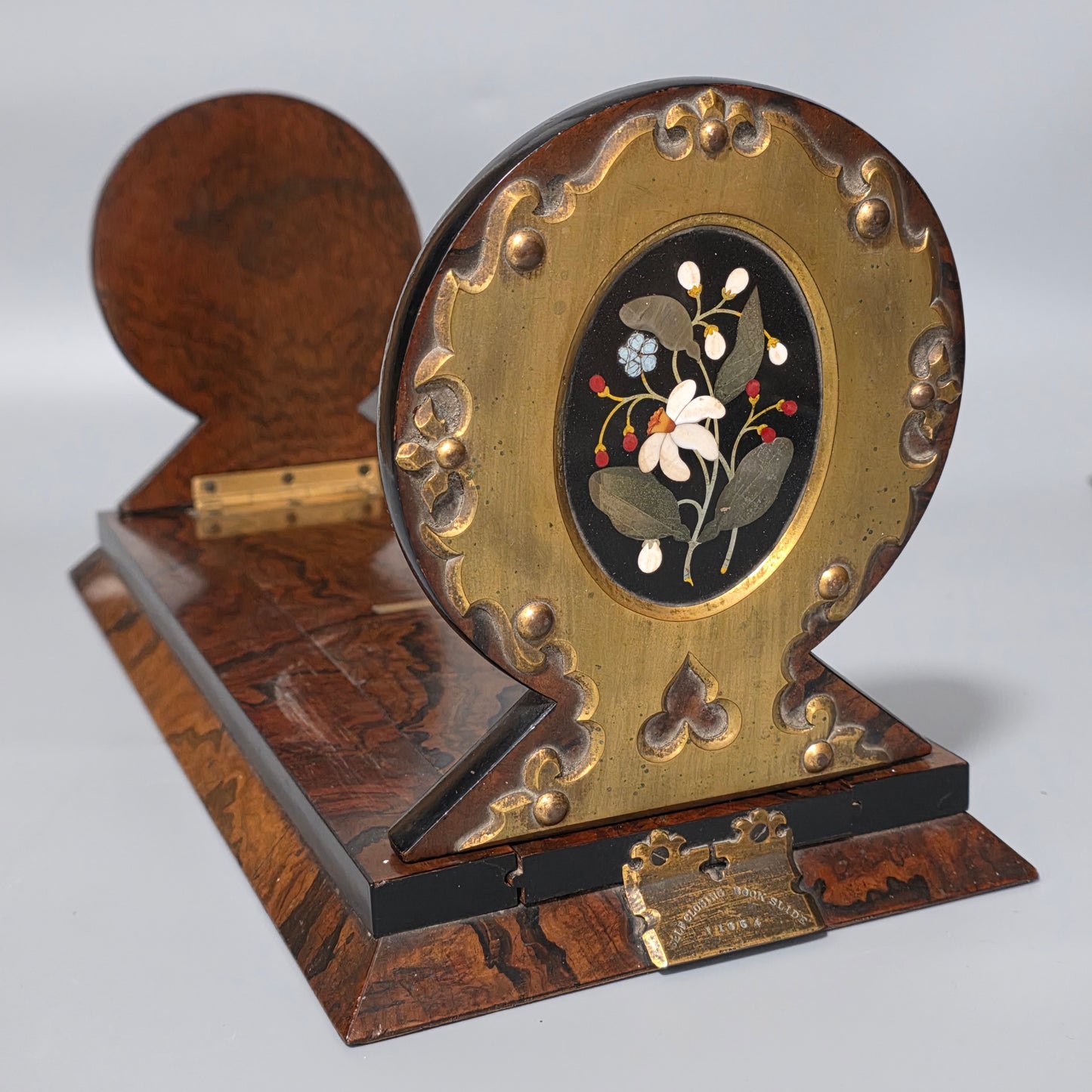 Elegant 19th Century Betjemann’s Walnut Book Slide with Pietra Dura Floral Panels