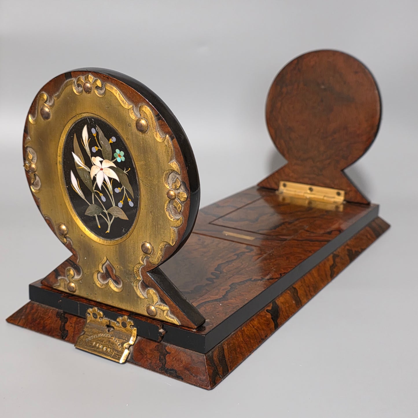 Elegant 19th Century Betjemann’s Walnut Book Slide with Pietra Dura Floral Panels