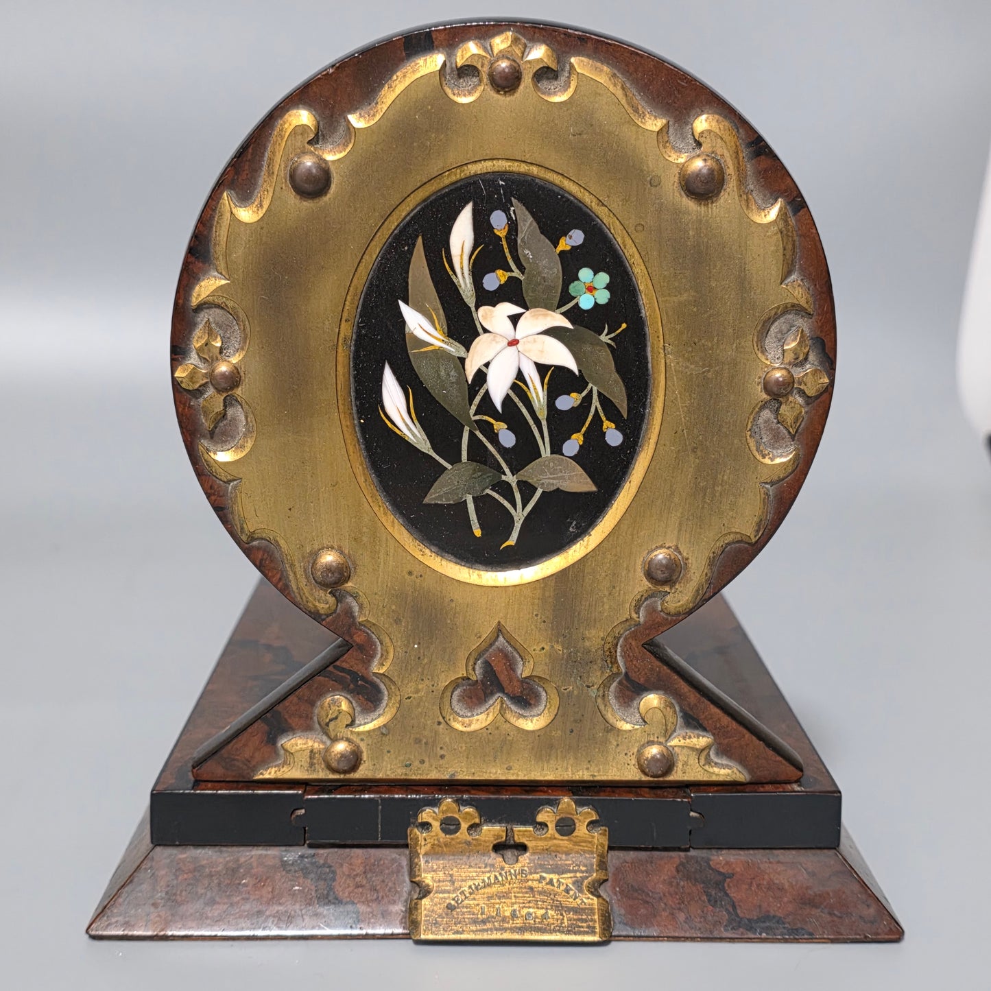 Elegant 19th Century Betjemann’s Walnut Book Slide with Pietra Dura Floral Panels