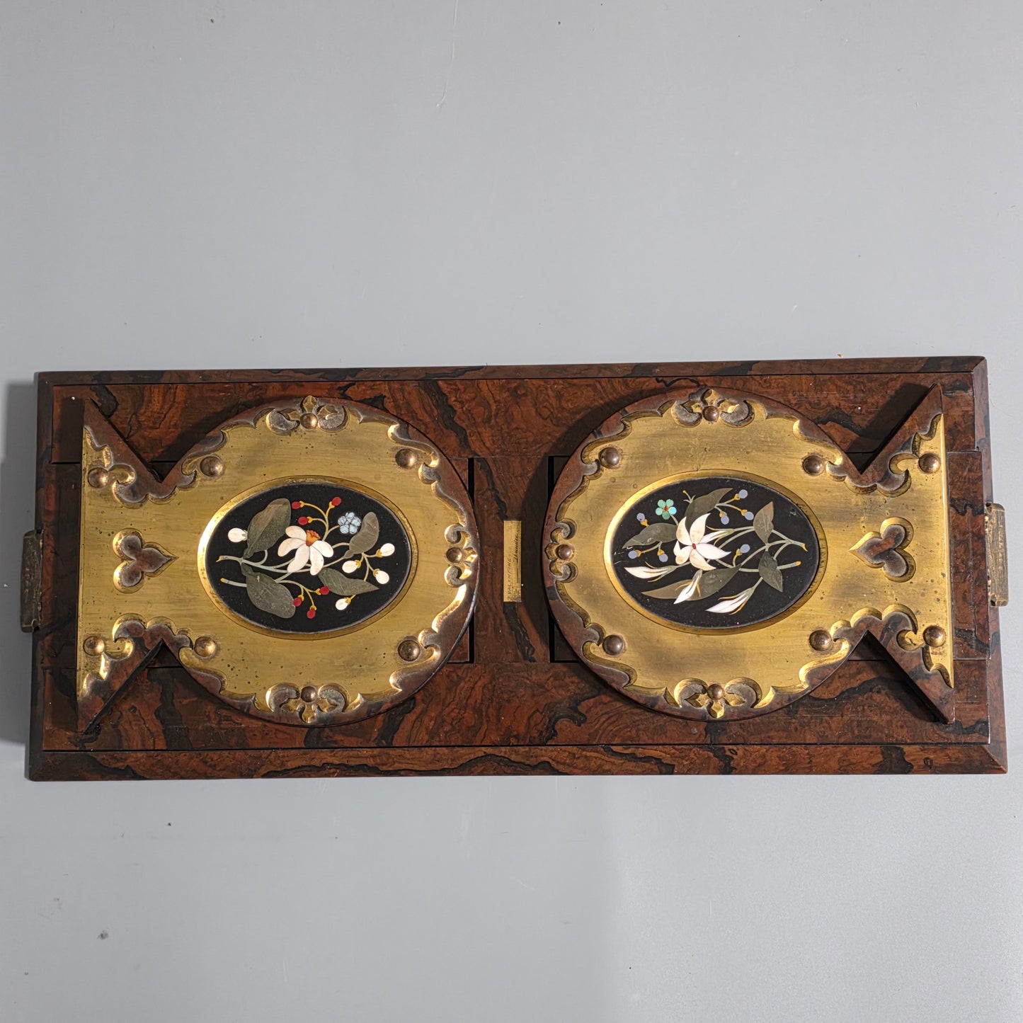 Elegant 19th Century Betjemann’s Walnut Book Slide with Pietra Dura Floral Panels